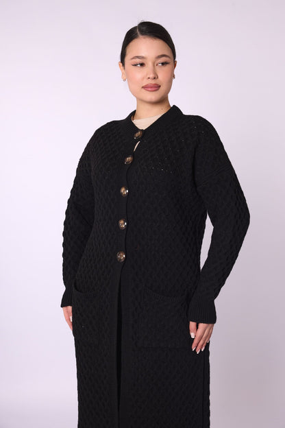 Buttoned Honeycomb Knit Long Cardigan