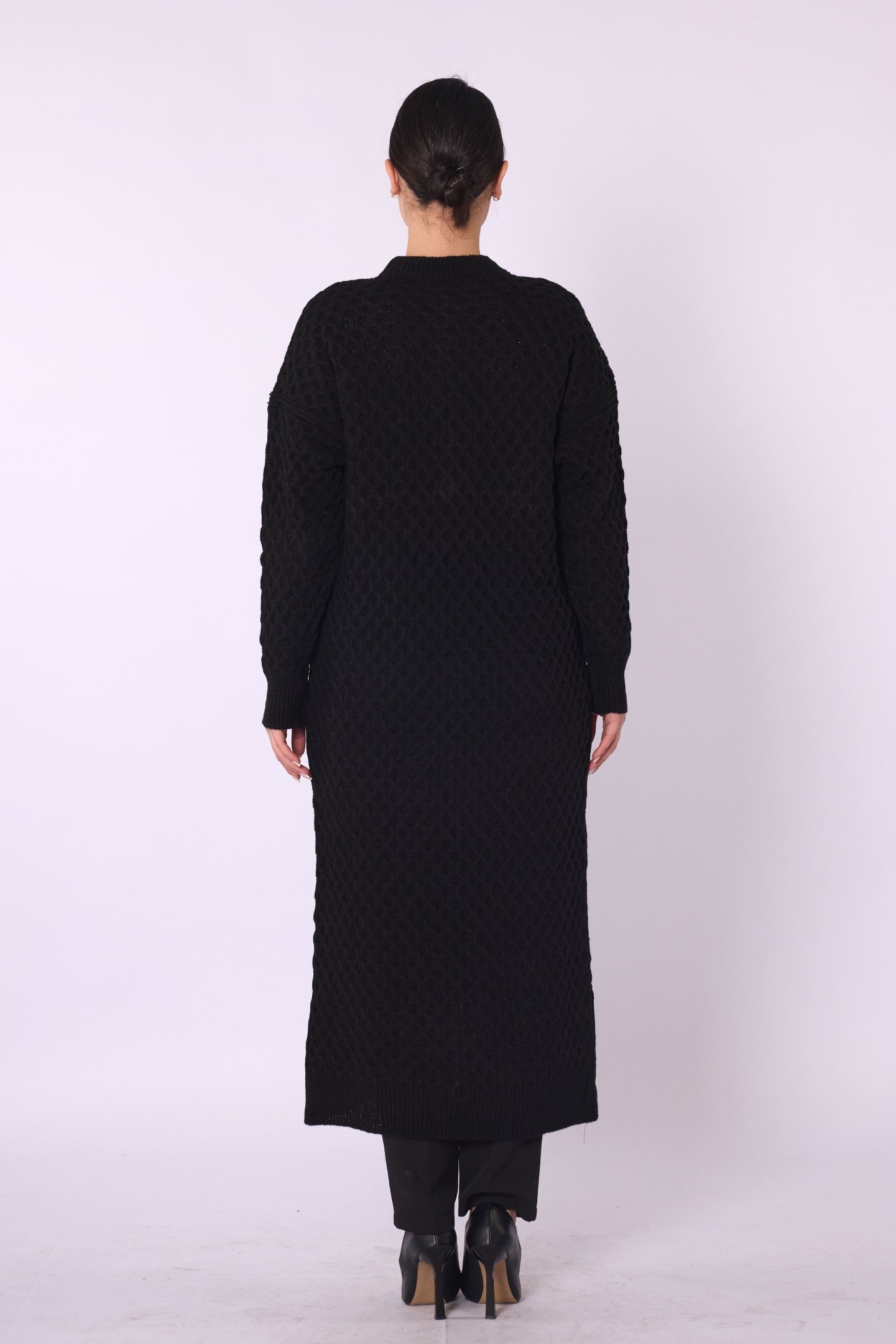 Buttoned Honeycomb Knit Long Cardigan