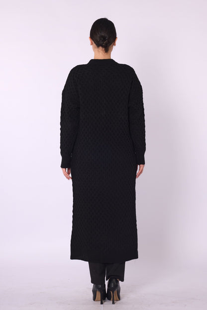 Buttoned Honeycomb Knit Long Cardigan