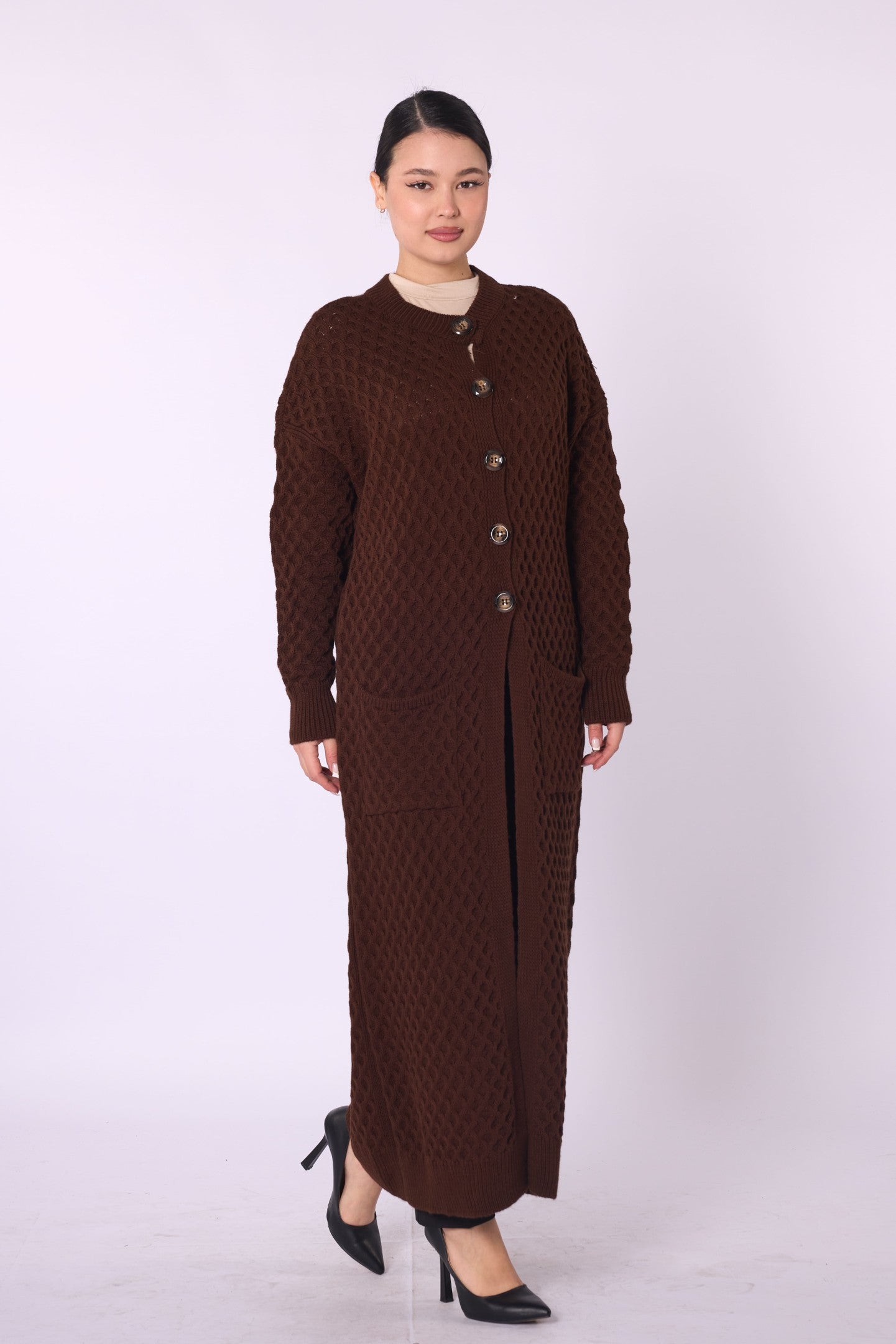 Buttoned Honeycomb Knit Long Cardigan