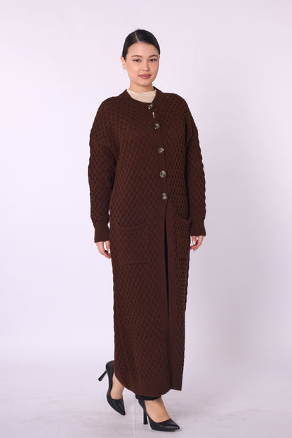 Buttoned Honeycomb Knit Long Cardigan