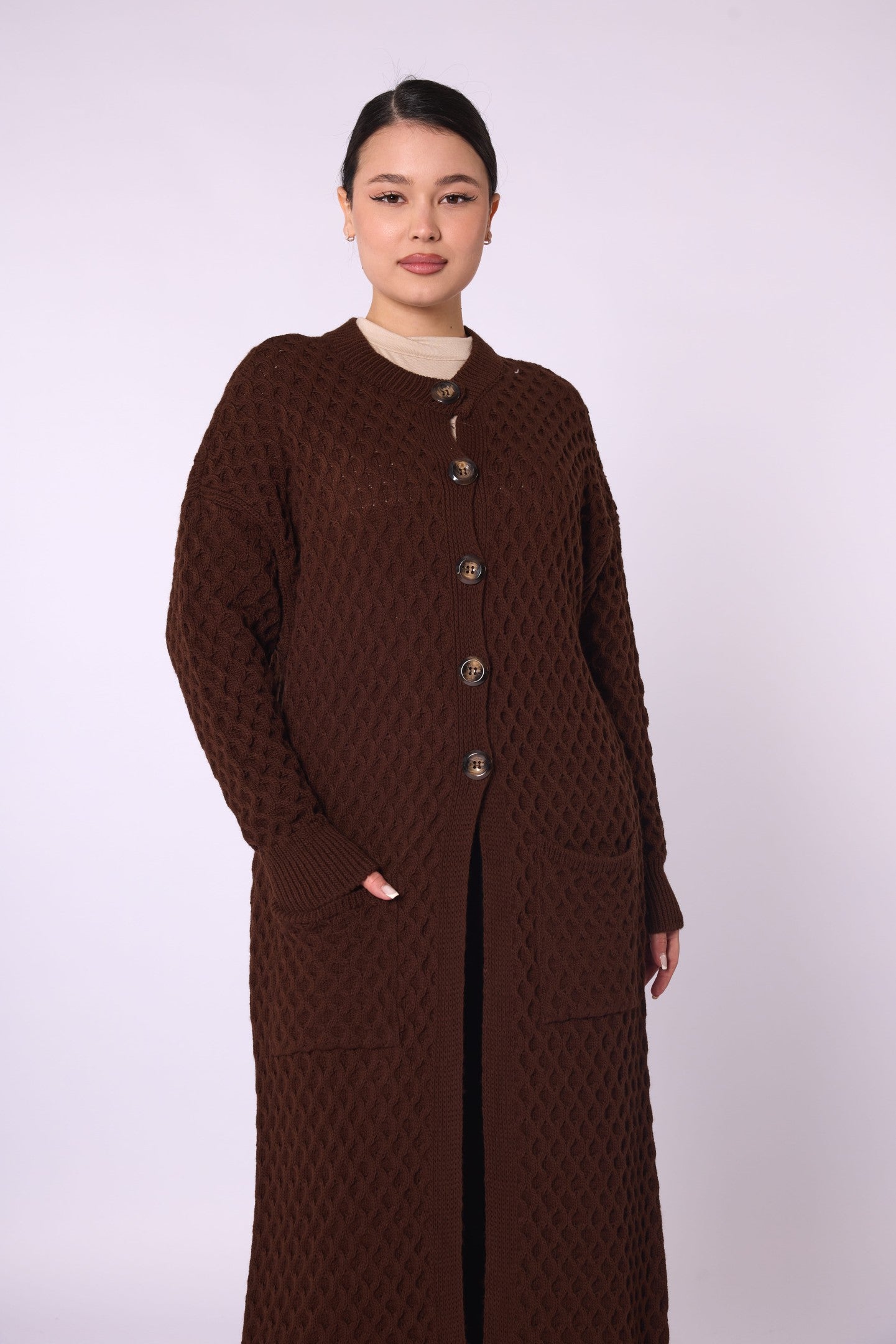 Buttoned Honeycomb Knit Long Cardigan