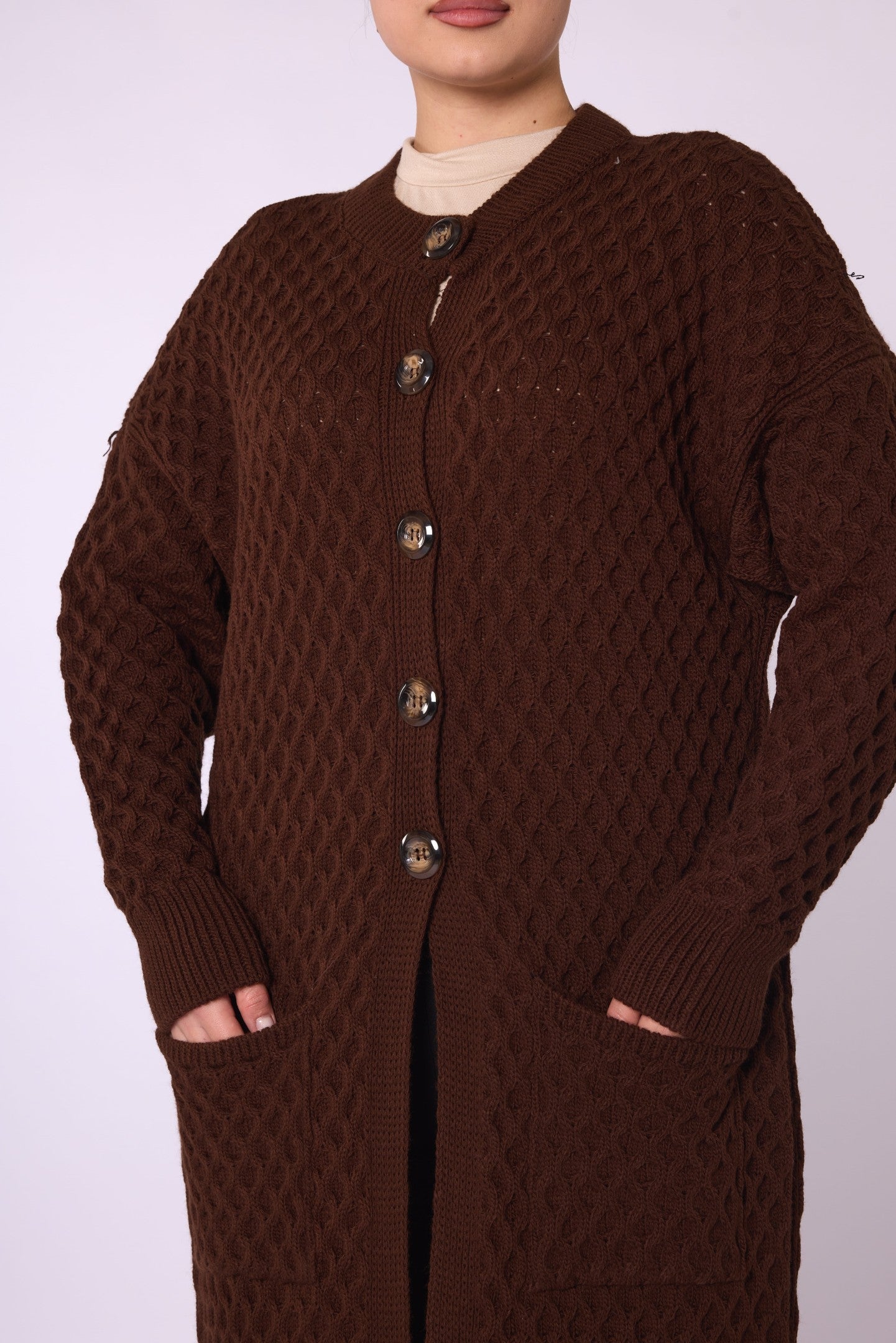 Buttoned Honeycomb Knit Long Cardigan