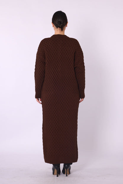 Buttoned Honeycomb Knit Long Cardigan