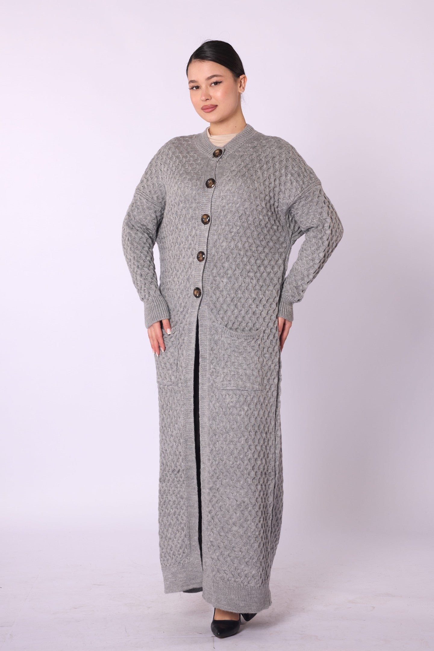 Buttoned Honeycomb Knit Long Cardigan