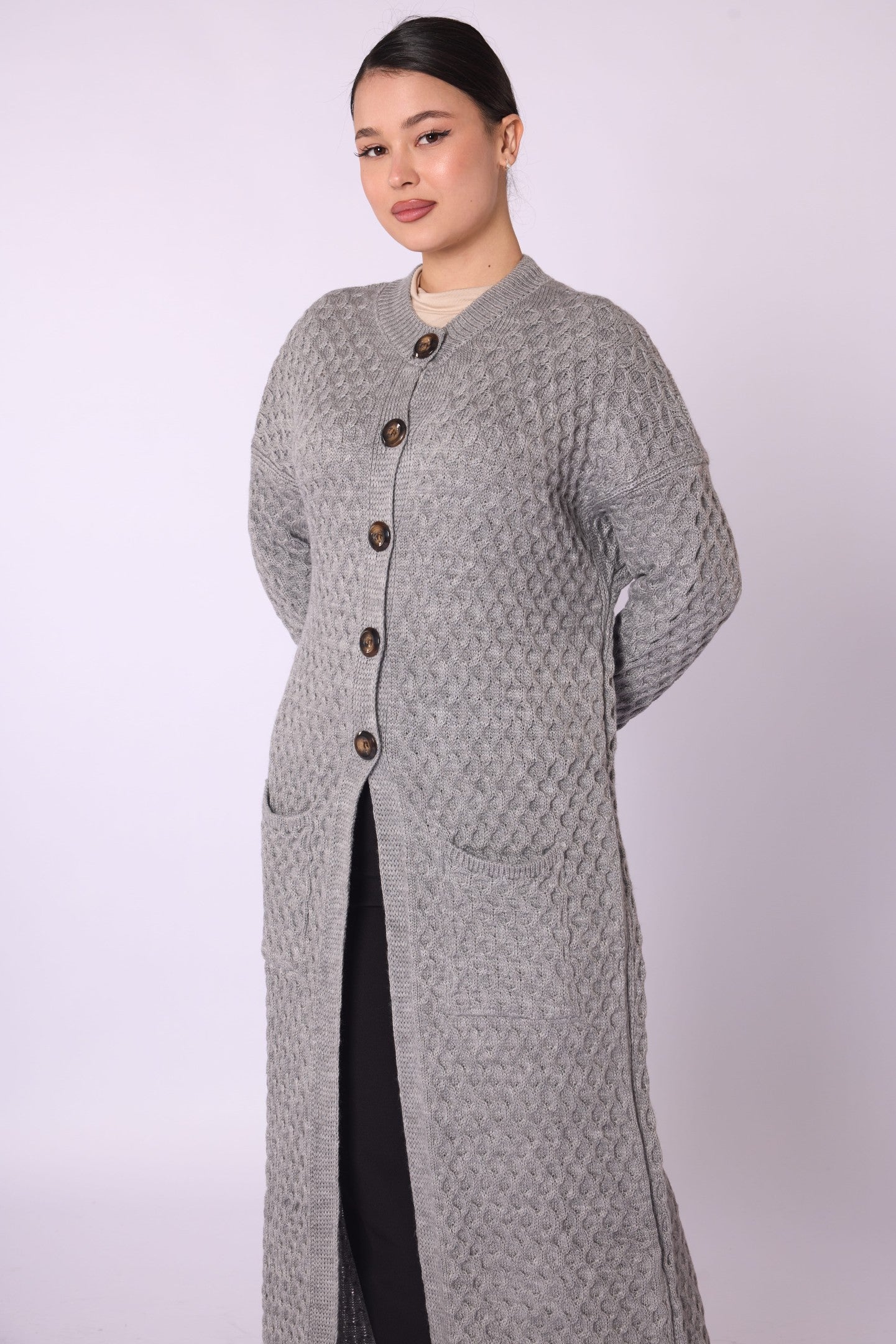 Buttoned Honeycomb Knit Long Cardigan