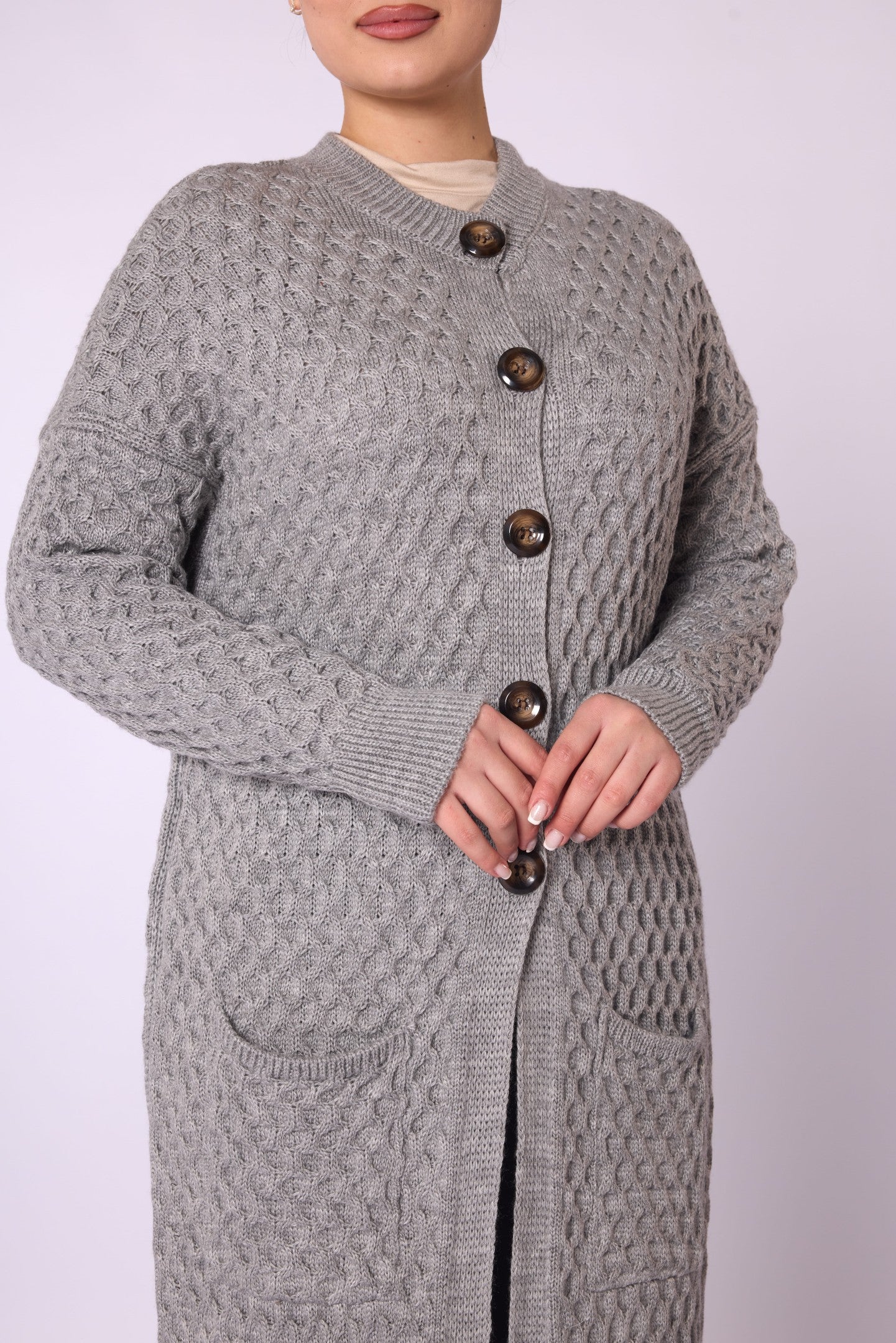 Buttoned Honeycomb Knit Long Cardigan