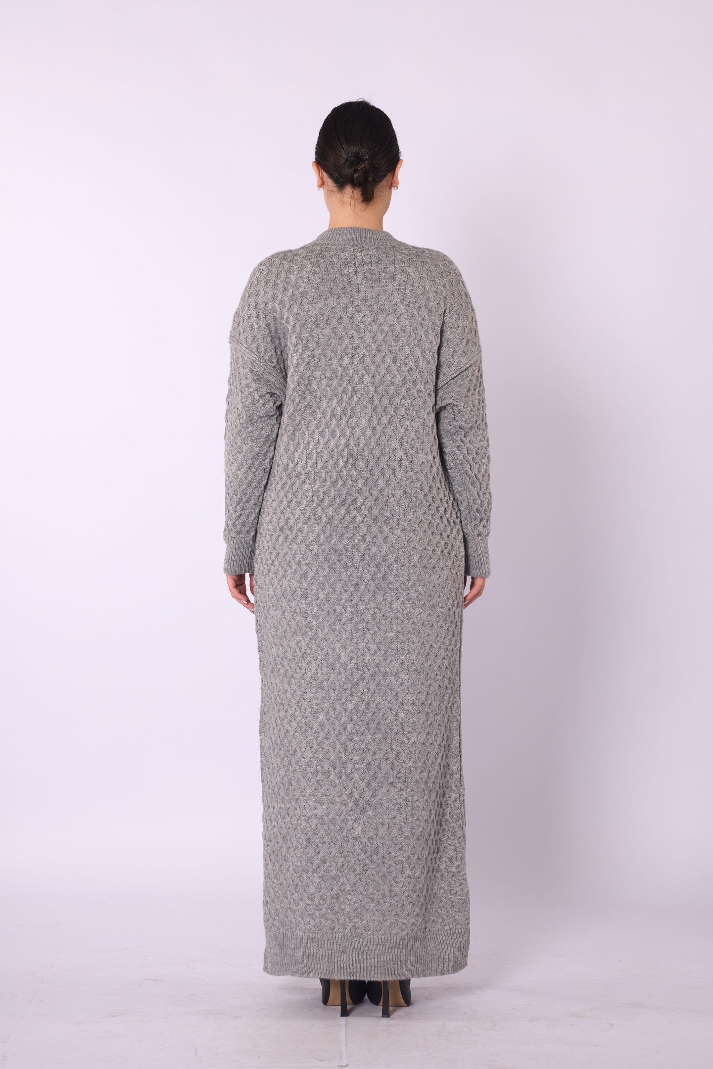 Buttoned Honeycomb Knit Long Cardigan
