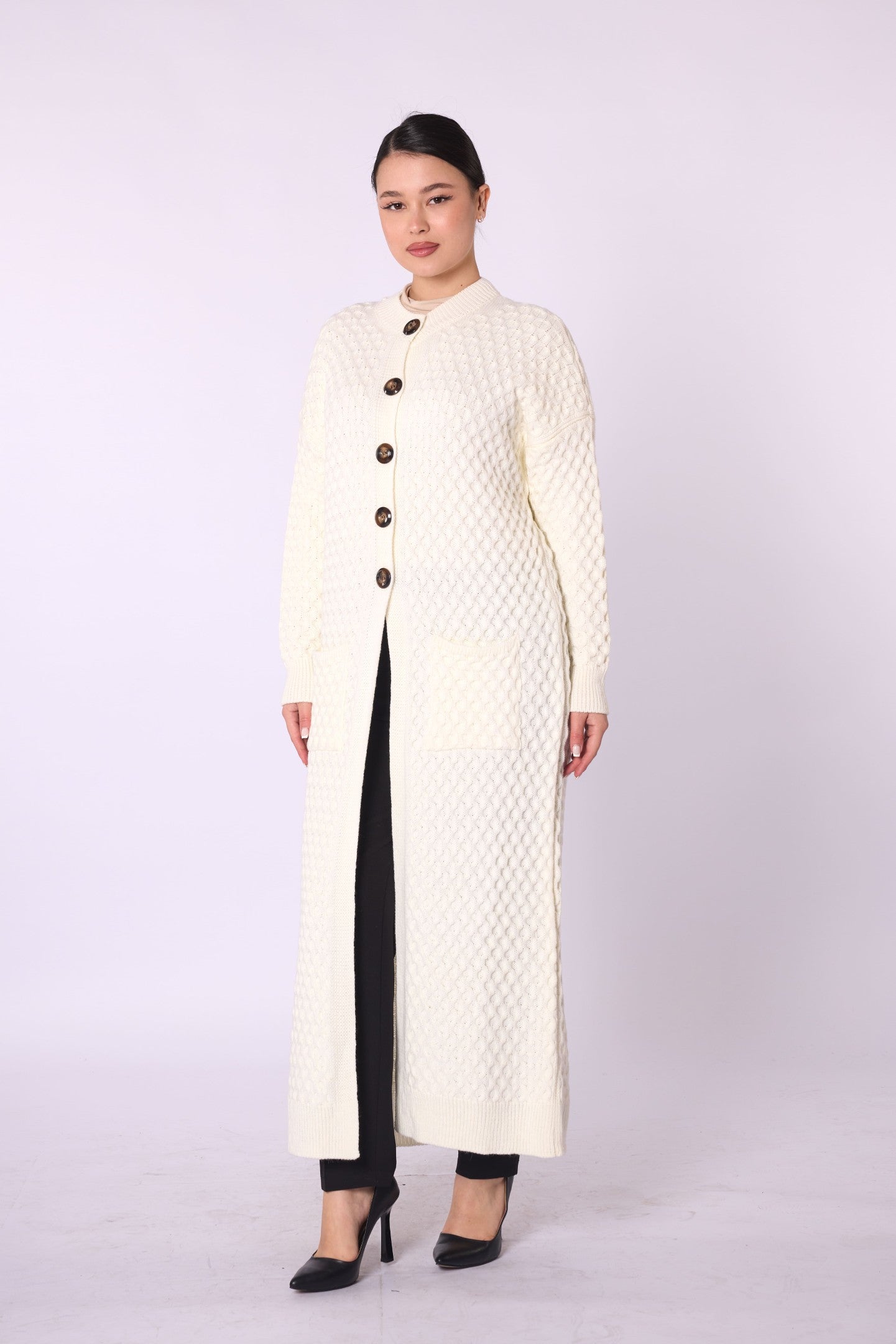 Buttoned Honeycomb Knit Long Cardigan