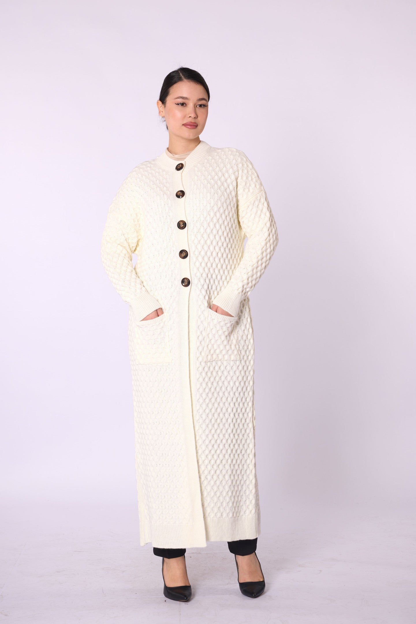 Buttoned Honeycomb Knit Long Cardigan