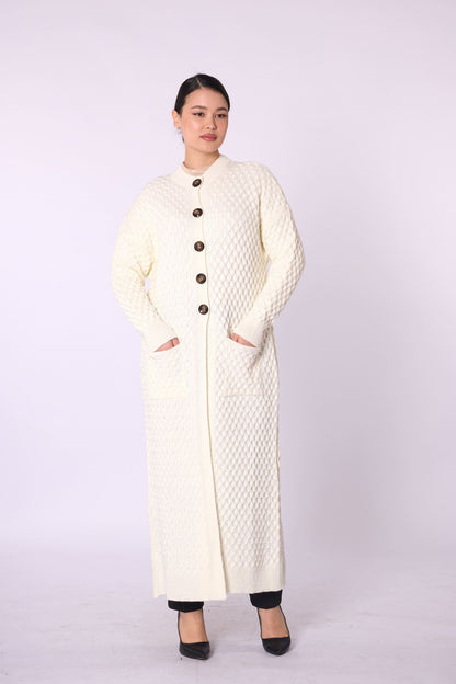 Buttoned Honeycomb Knit Long Cardigan