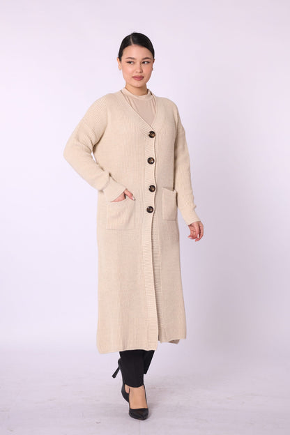V-Neck Long Cardigan with Pockets and Stripe Detail