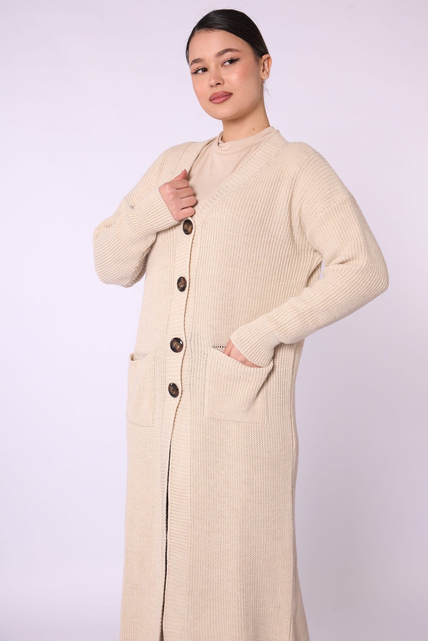 V-Neck Long Cardigan with Pockets and Stripe Detail