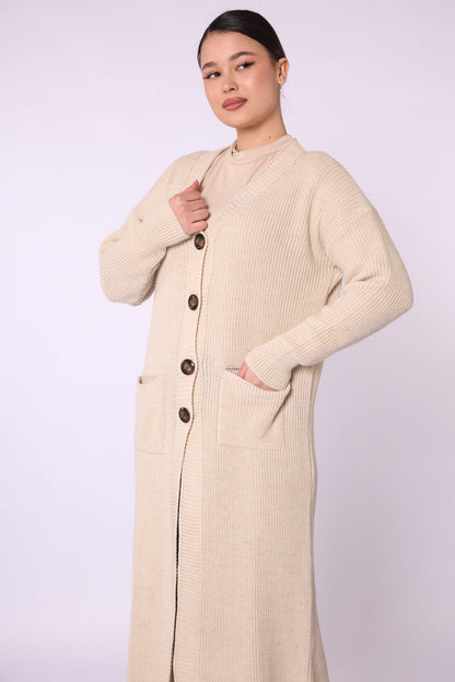 V-Neck Long Cardigan with Pockets and Stripe Detail