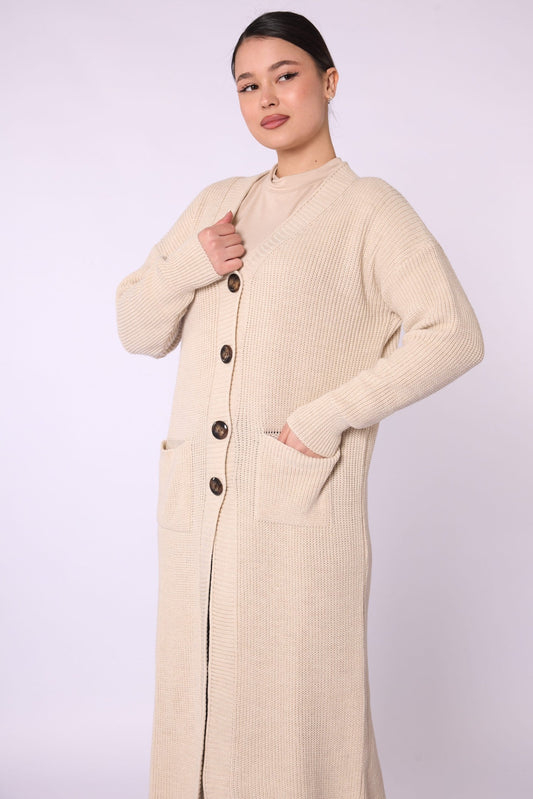 V-Neck Long Cardigan with Pockets and Stripe Detail