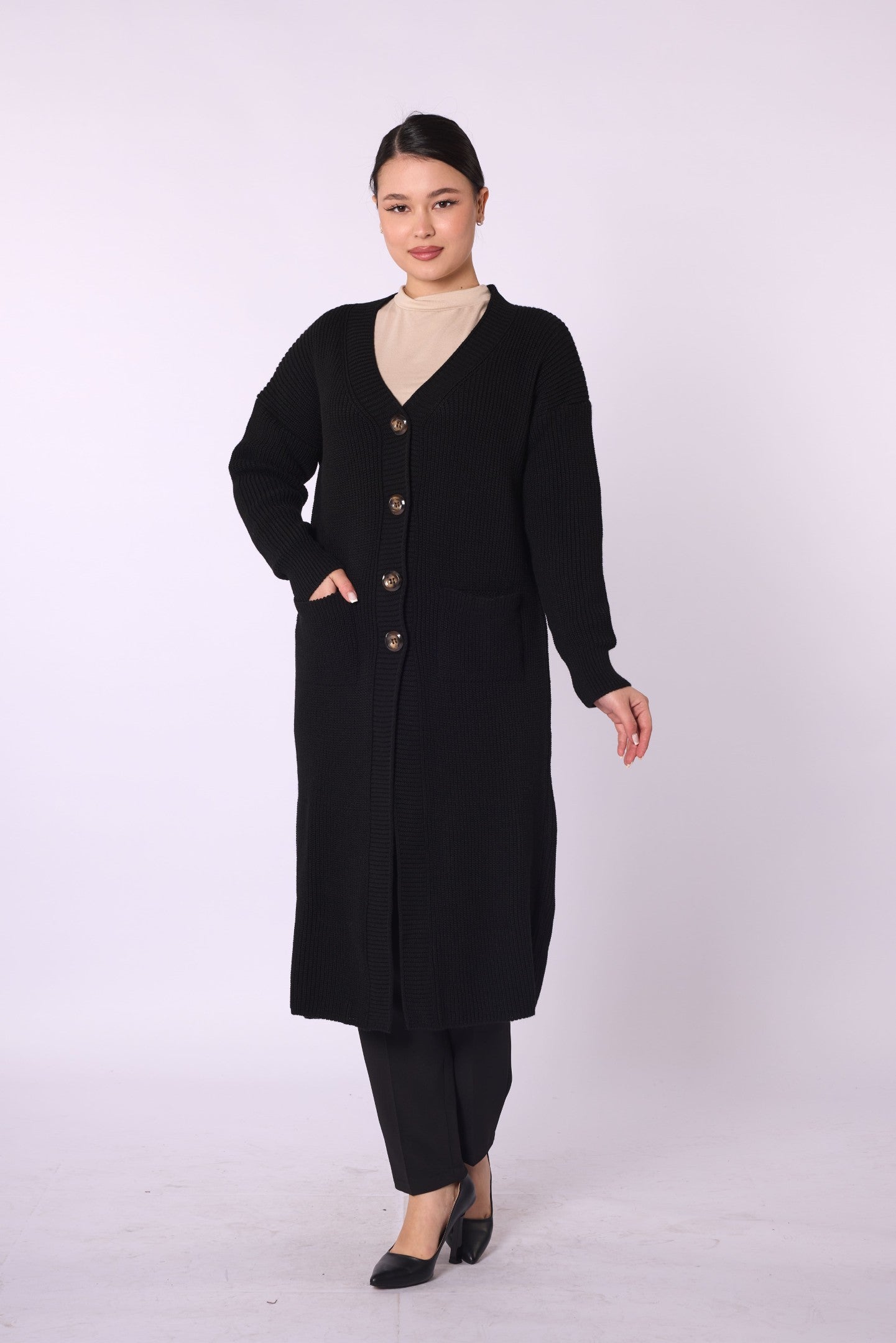 V-Neck Long Cardigan with Pockets and Stripe Detail