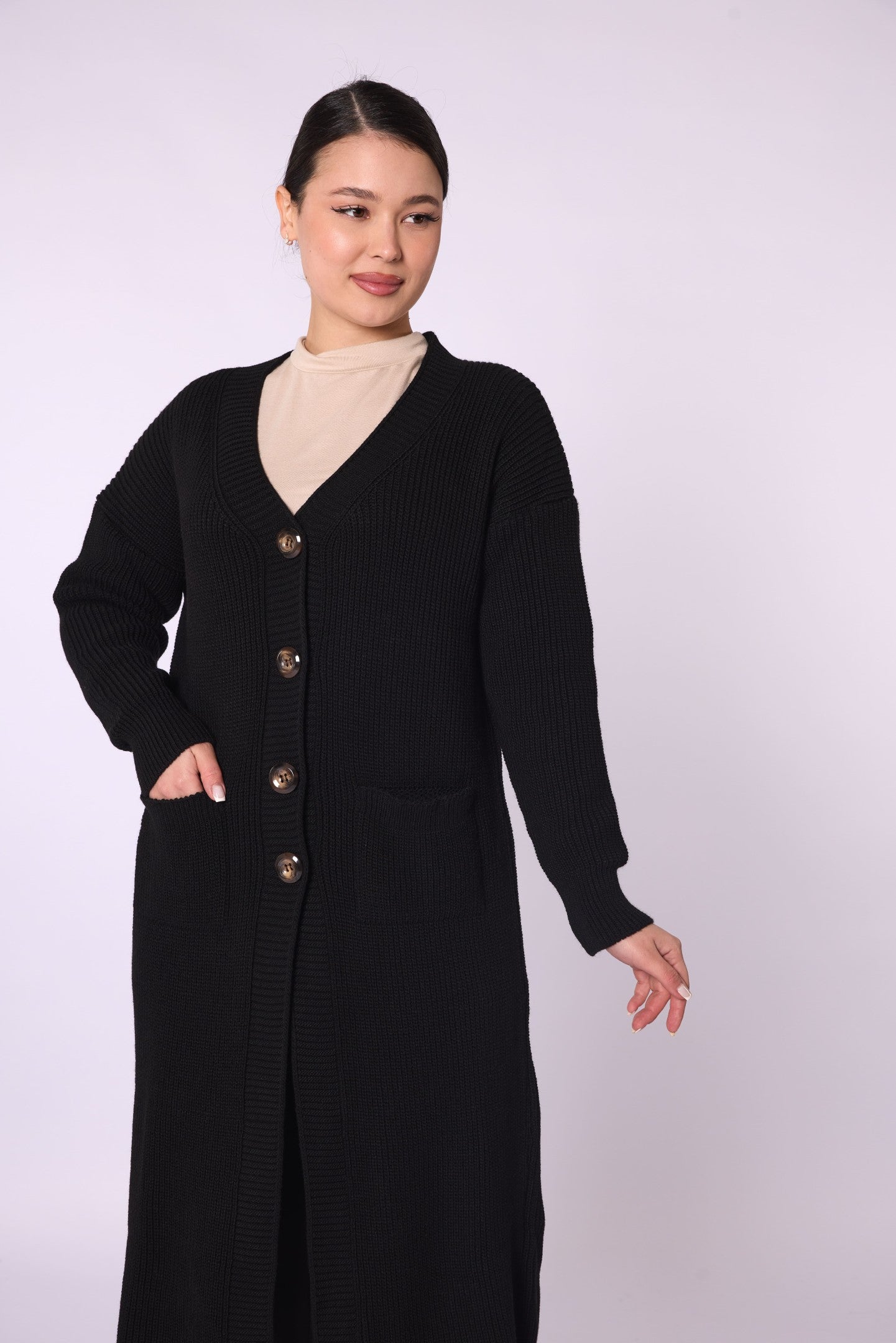 V-Neck Long Cardigan with Pockets and Stripe Detail