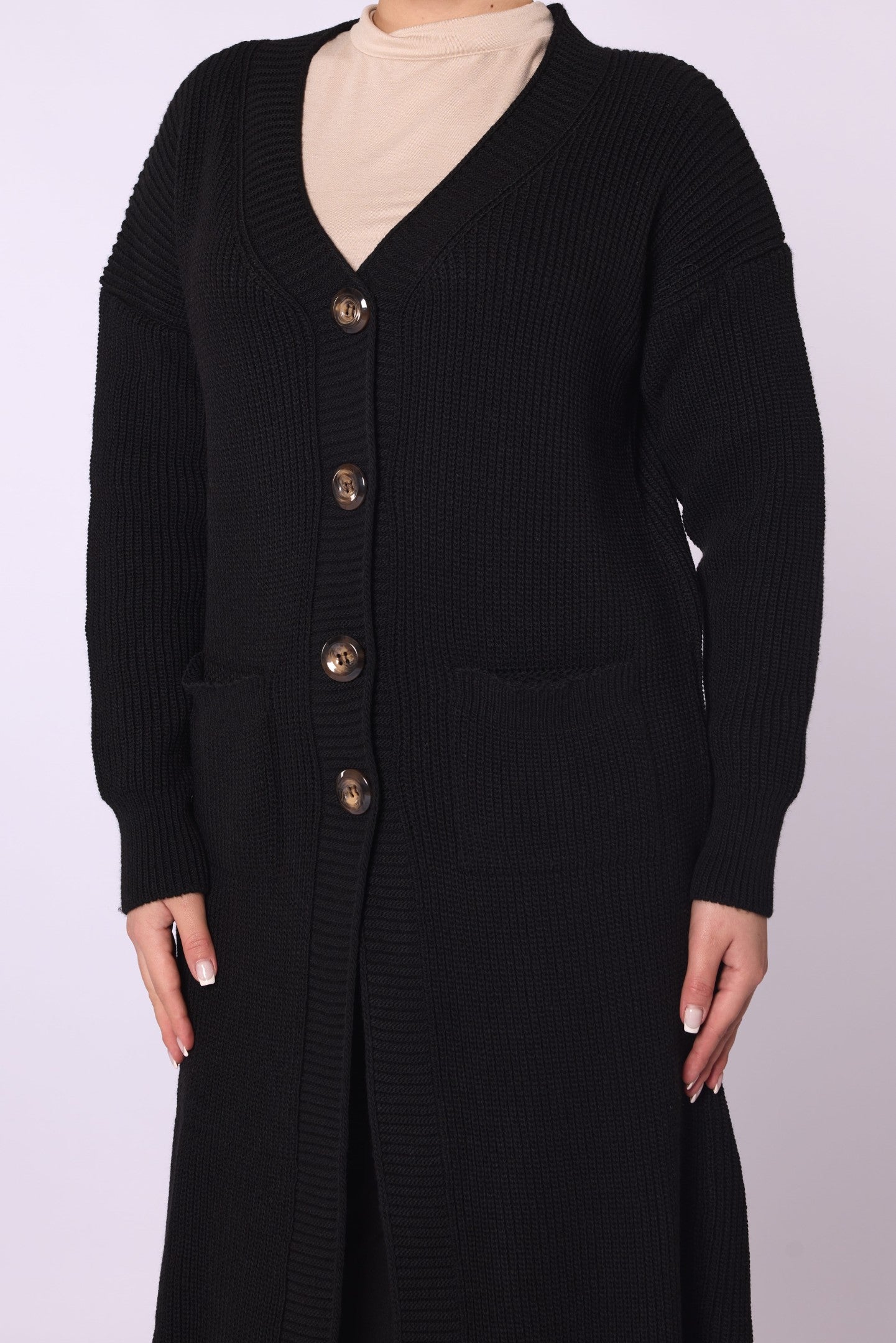 V-Neck Long Cardigan with Pockets and Stripe Detail