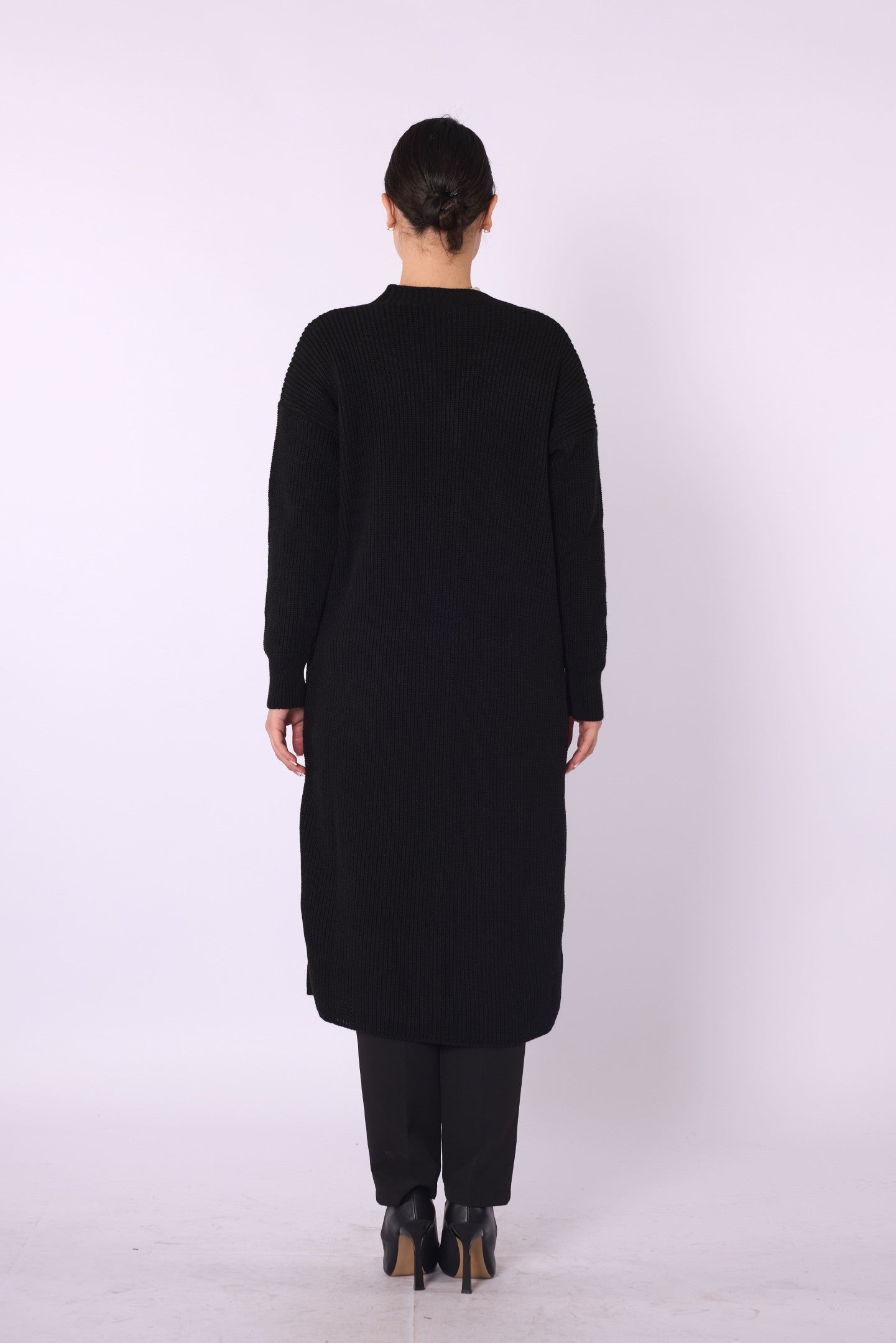 V-Neck Long Cardigan with Pockets and Stripe Detail