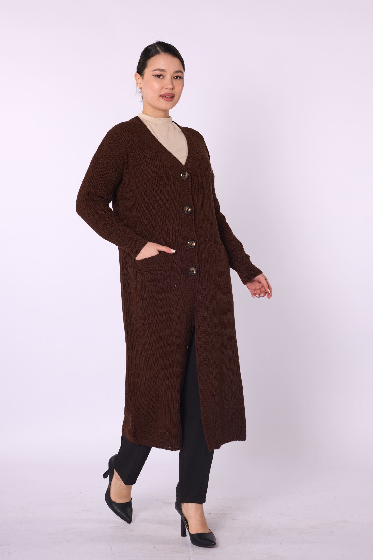V-Neck Long Cardigan with Pockets and Stripe Detail