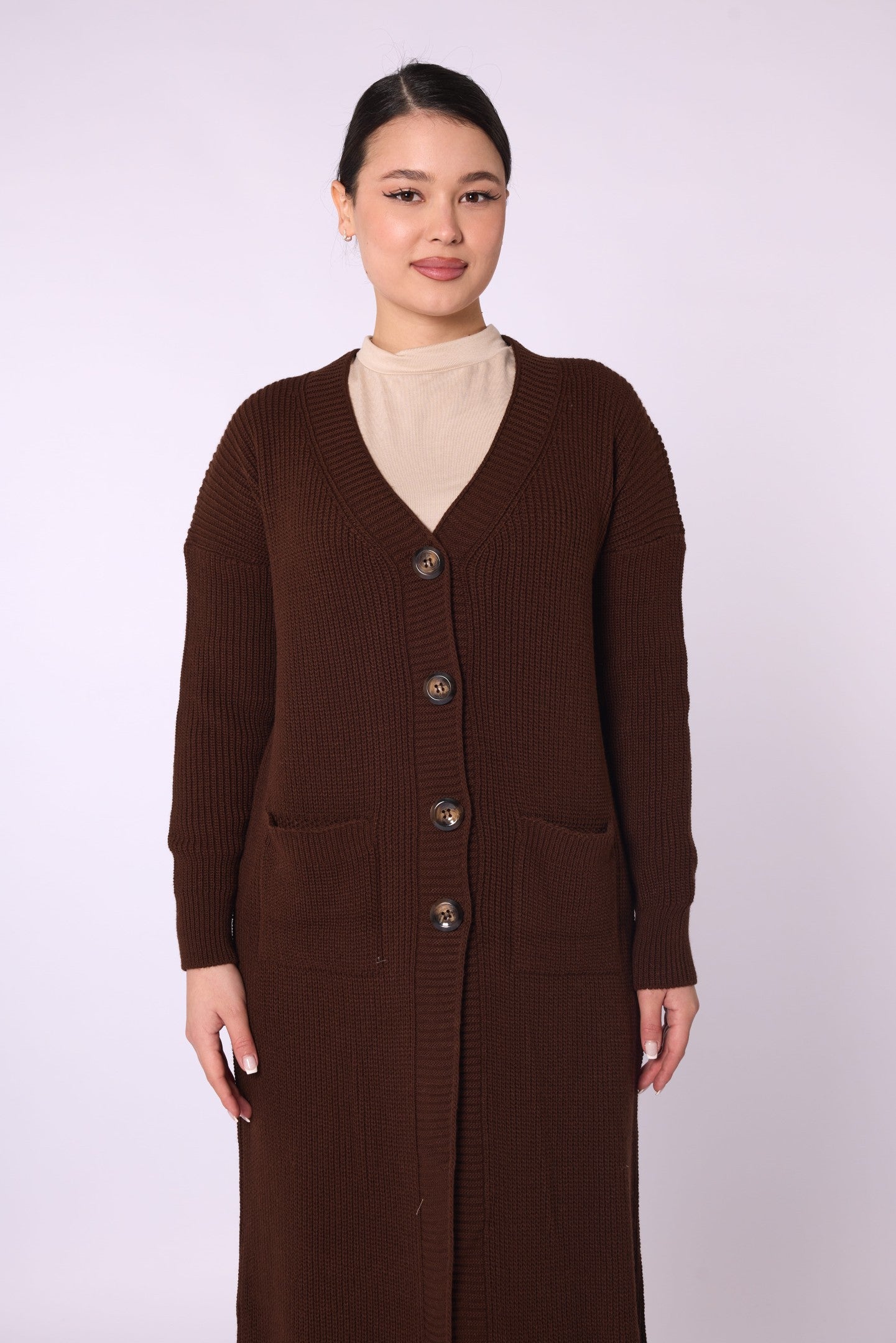 V-Neck Long Cardigan with Pockets and Stripe Detail