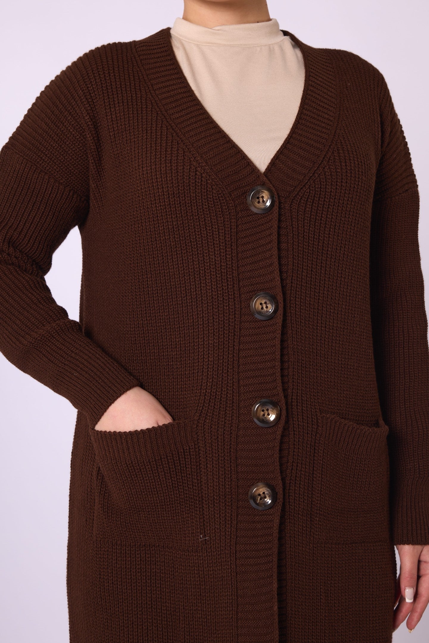 V-Neck Long Cardigan with Pockets and Stripe Detail