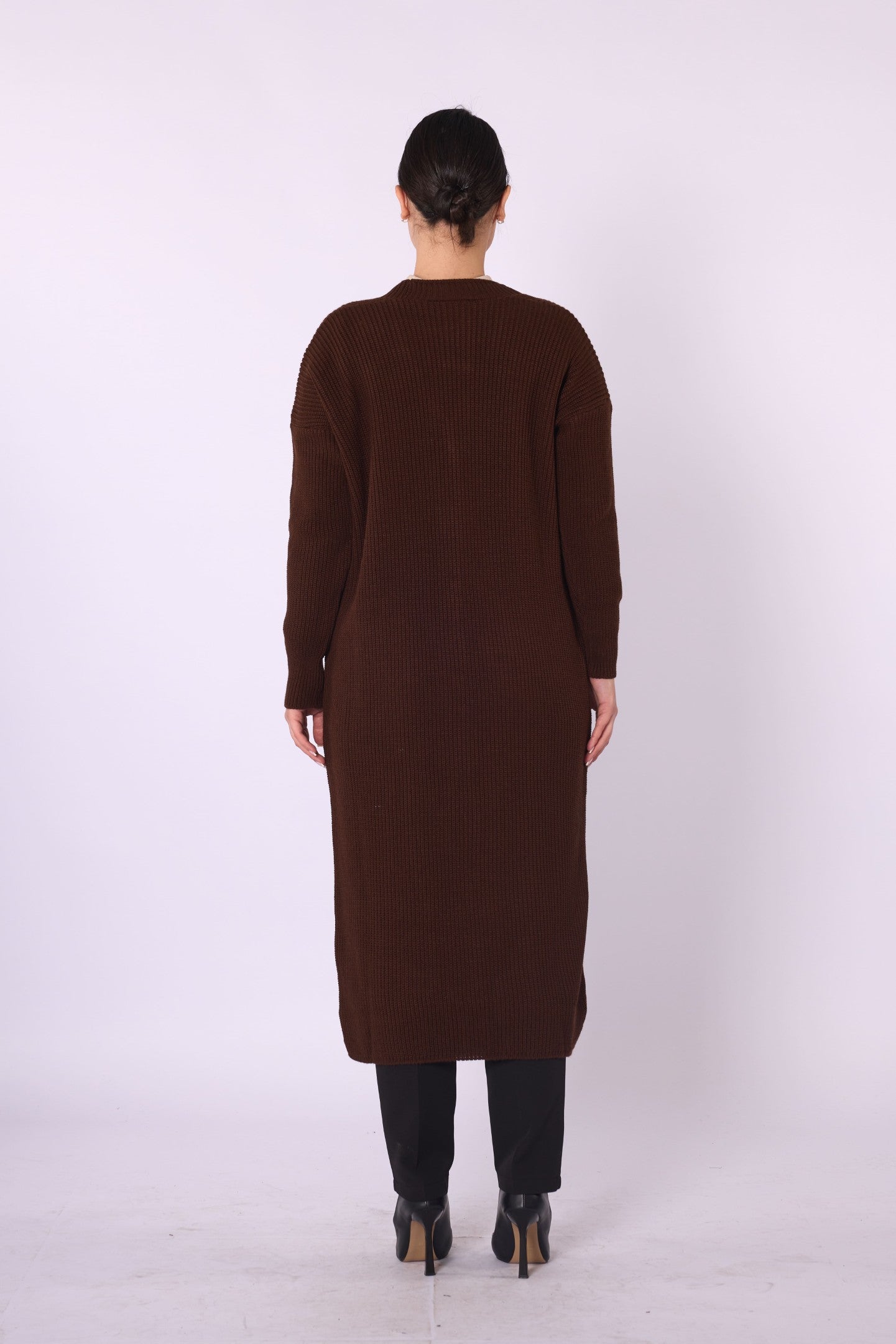 V-Neck Long Cardigan with Pockets and Stripe Detail