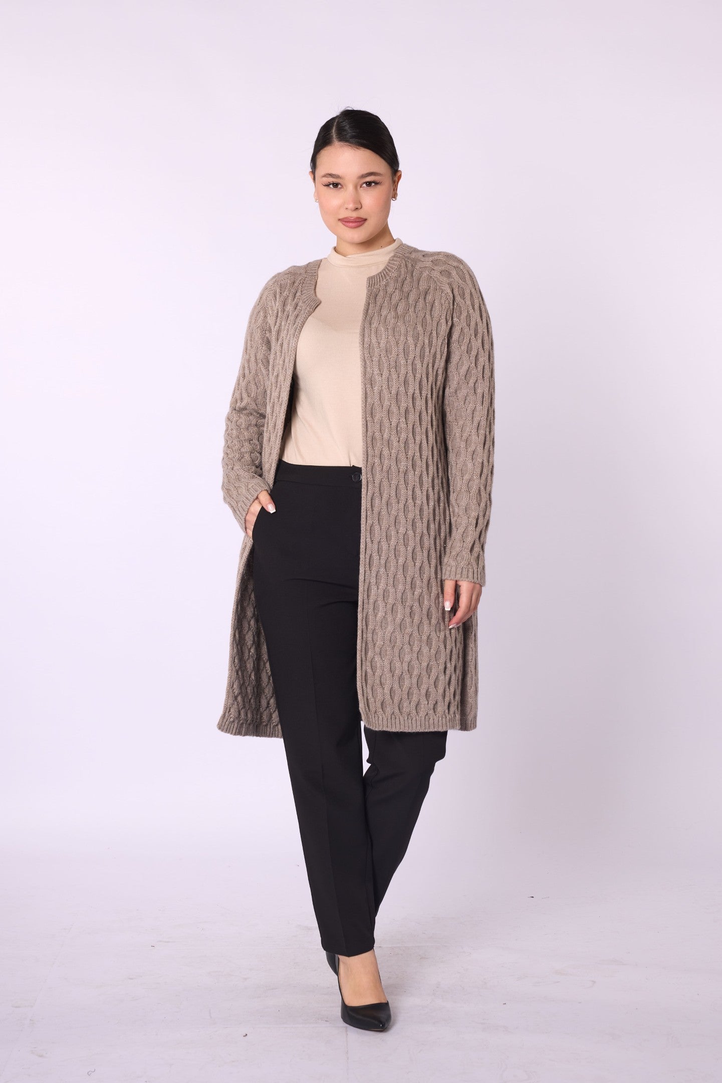 Textured Pattern Shawl Collar Cardigan With Waist Tie