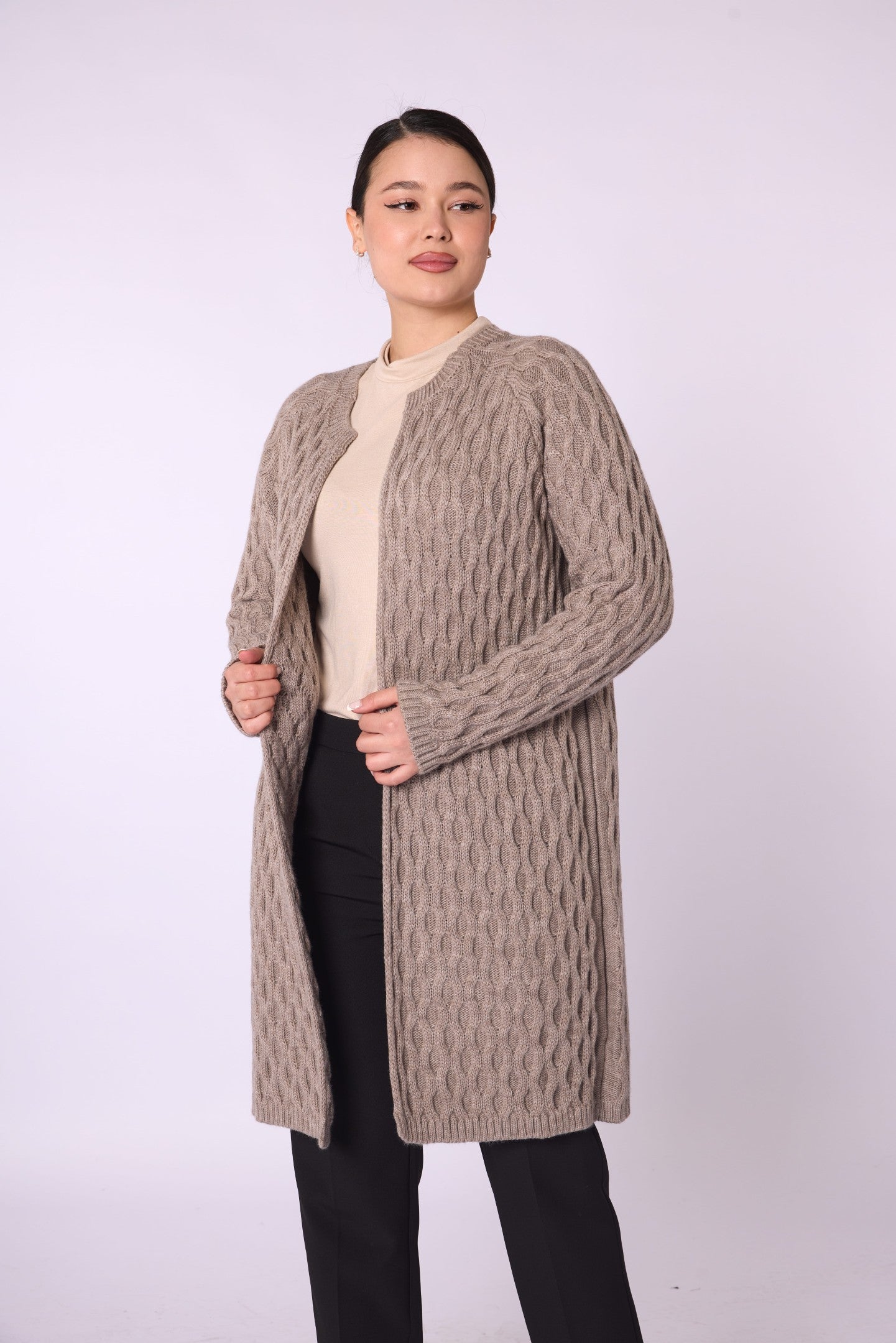 Textured Pattern Shawl Collar Cardigan With Waist Tie